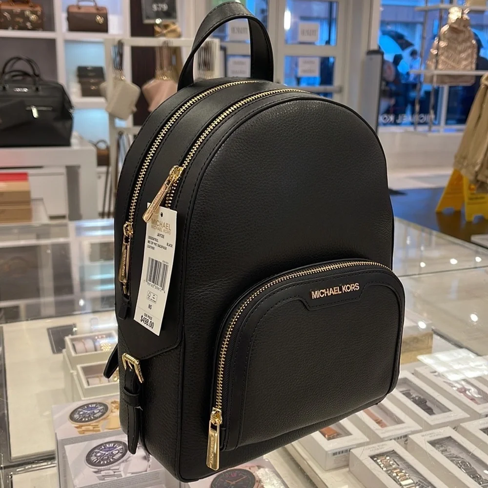 MICHAEL KORS Jaycee Medium zip pocket Pebbled Leather Backpack BLACK col…